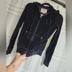 Vintage, "World Tour" True Religion Black Velour Zip-Up Hoodie.
